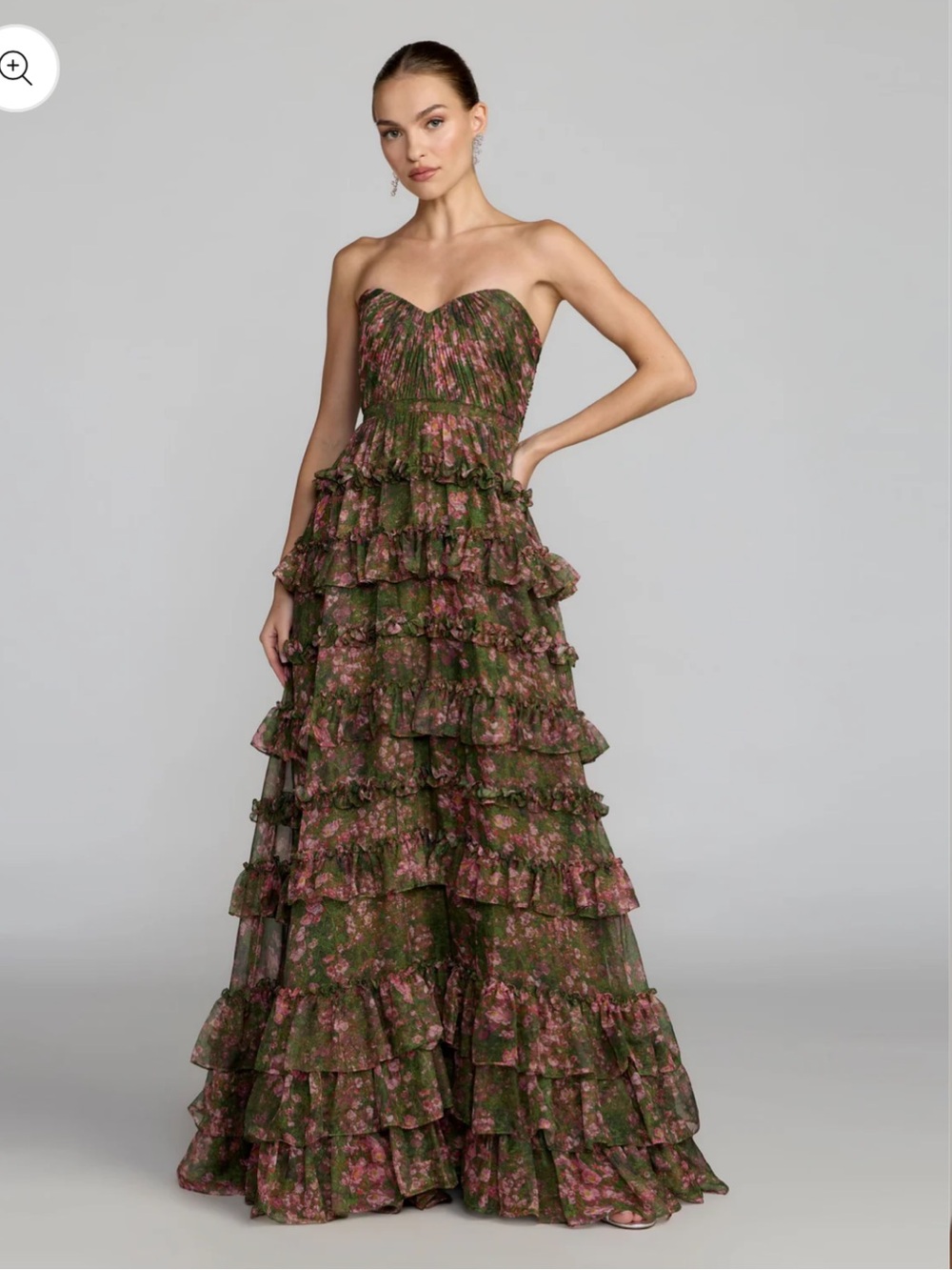 Mac Duggal Olive Green & Pink Strapless Ruffled Floral Gown